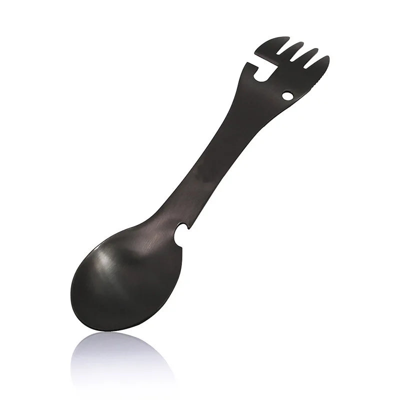 5-in-1 Tactical Camping Spork Stainless Steel Spoon & Bottle Opener Fork & Knife Can Opener Camping Utensils for Outdoor Hiking
