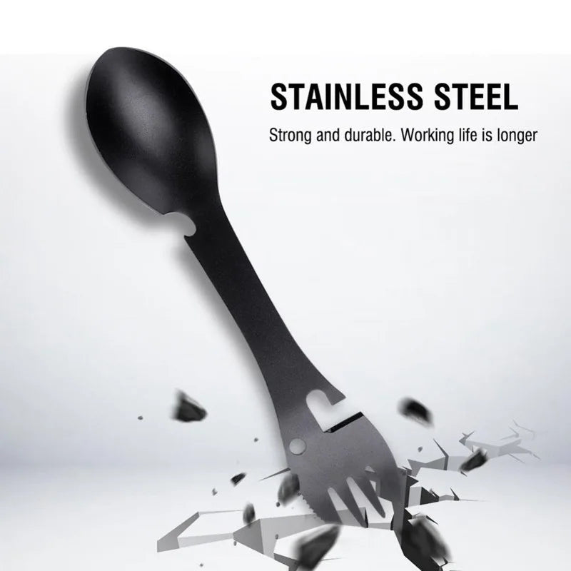 5-in-1 Tactical Camping Spork Stainless Steel Spoon & Bottle Opener Fork & Knife Can Opener Camping Utensils for Outdoor Hiking