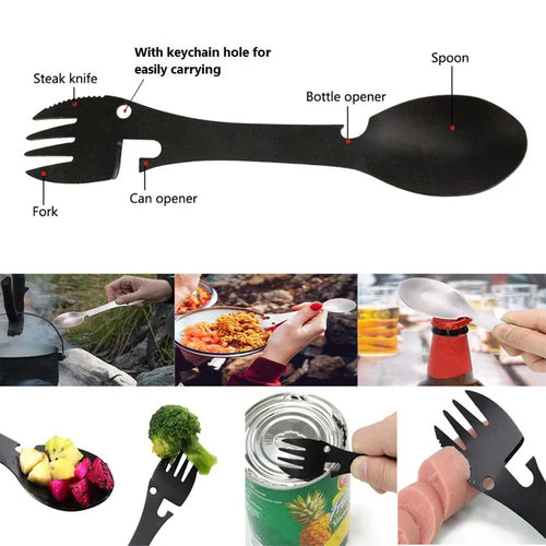 5-in-1 Tactical Camping Spork Stainless Steel Spoon & Bottle Opener Fork & Knife Can Opener Camping Utensils for Outdoor Hiking