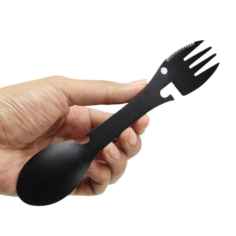 5-in-1 Tactical Camping Spork Stainless Steel Spoon & Bottle Opener Fork & Knife Can Opener Camping Utensils for Outdoor Hiking