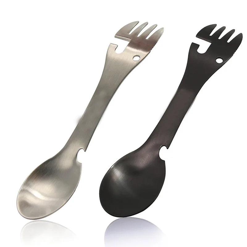 5-in-1 Tactical Camping Spork Stainless Steel Spoon & Bottle Opener Fork & Knife Can Opener Camping Utensils for Outdoor Hiking